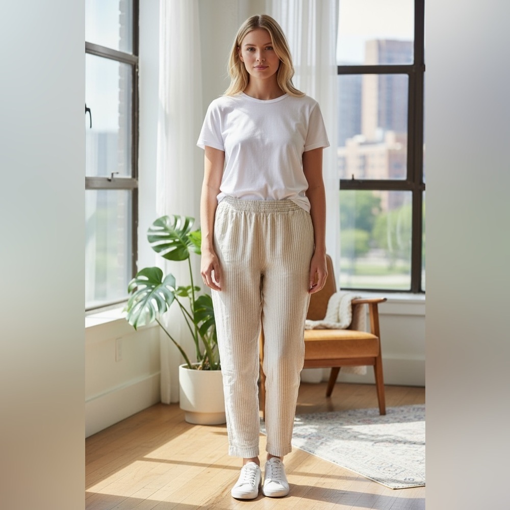 Old Navy High Rise Straight Striped Linen Blend - Picture 1 of 10